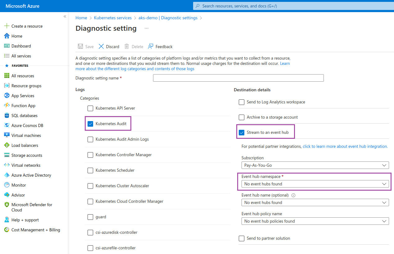 Azure diagnostic settings