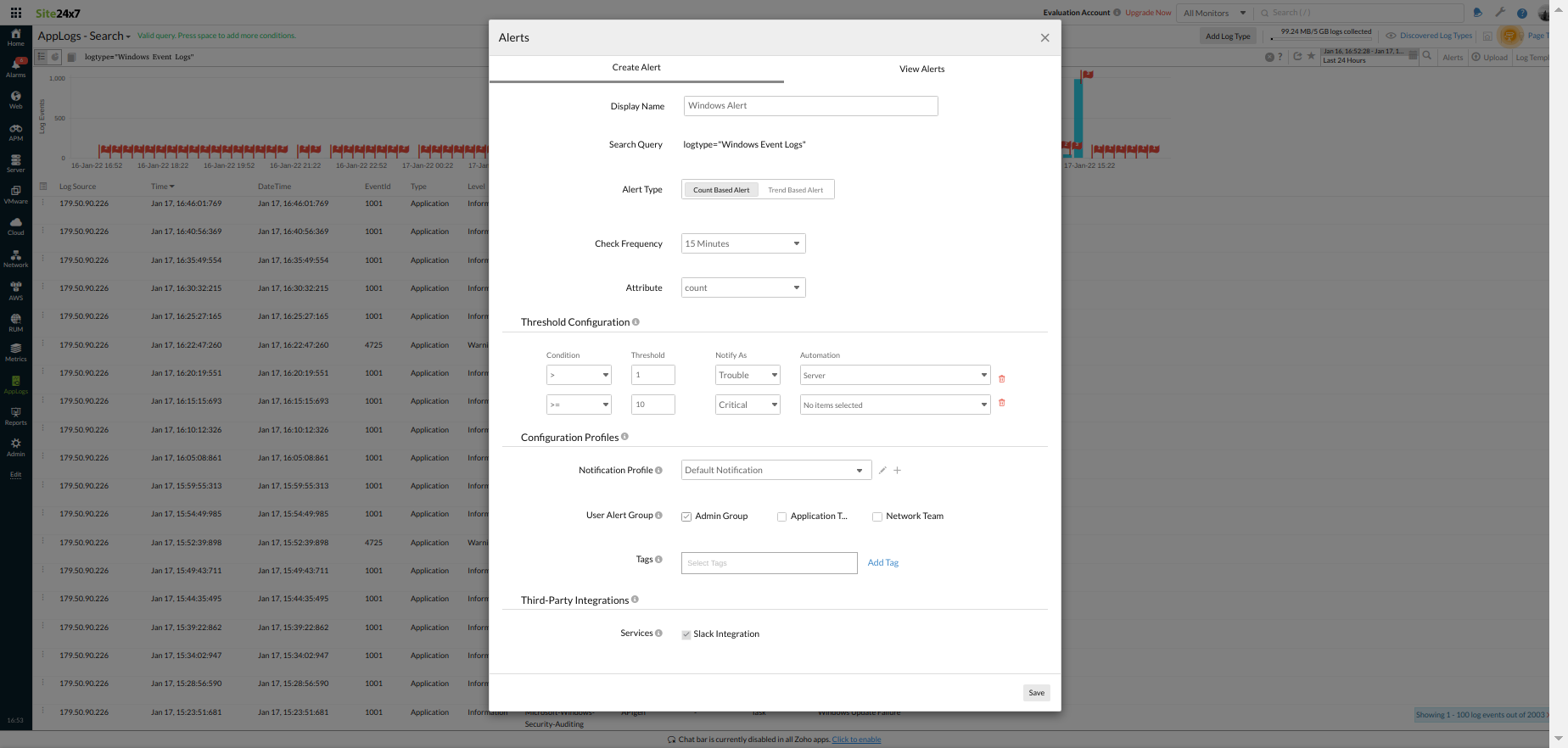 AppLogs alerts with third-party integration support