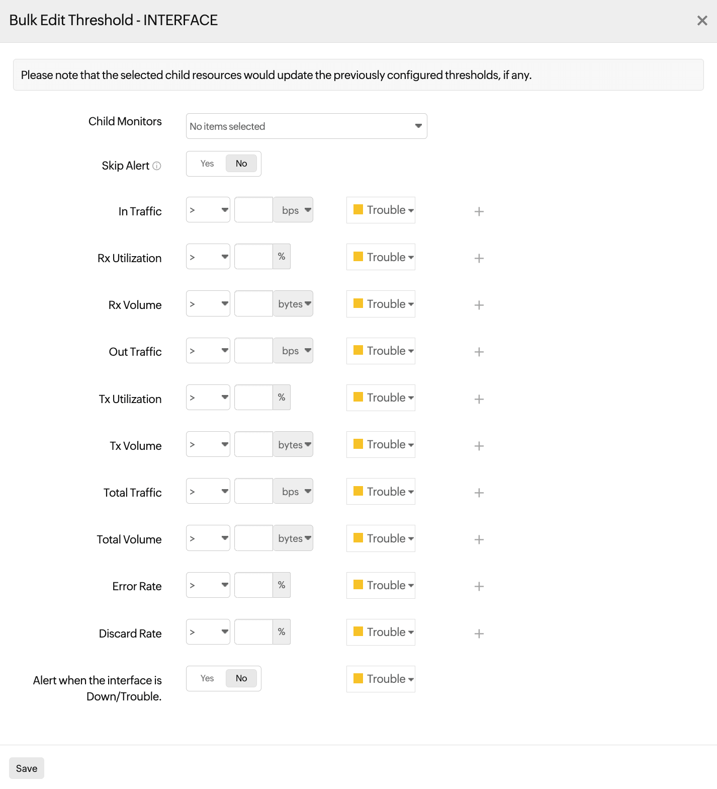 Bulk updating threshold parameters for interfaces