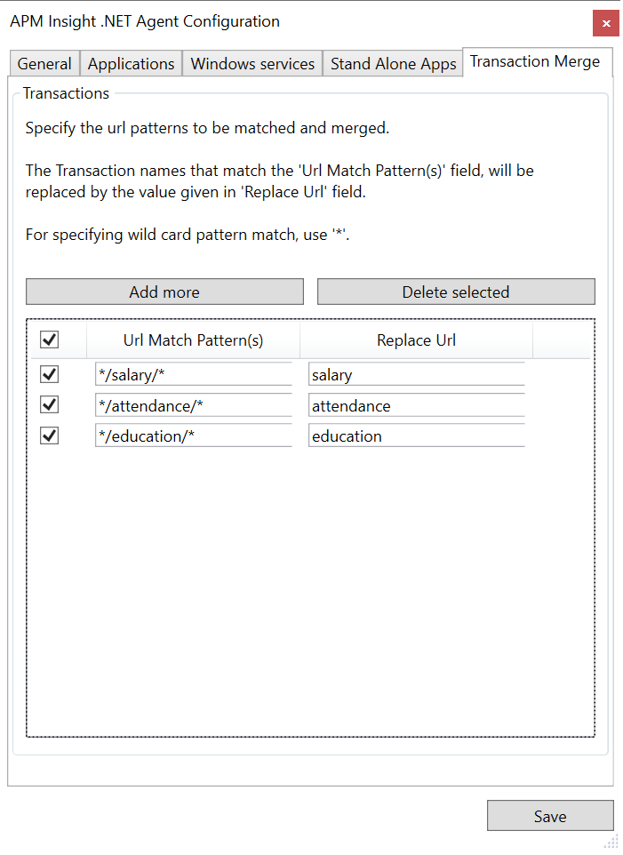 Configure APM Insight >NET application filters in settings dialog