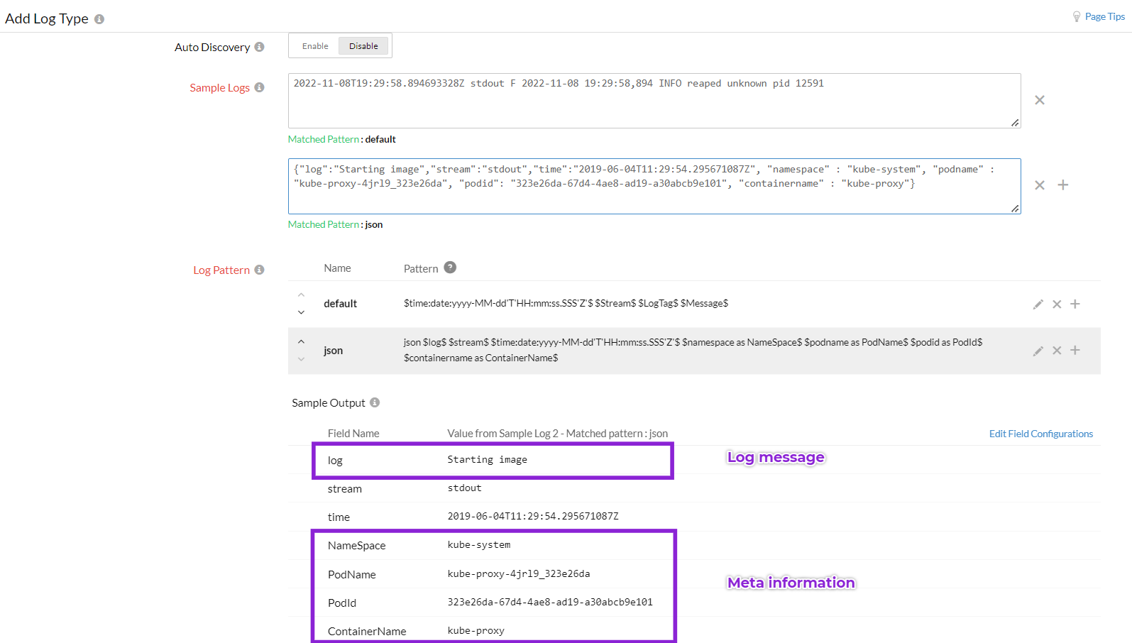 Kubernetes log pattern