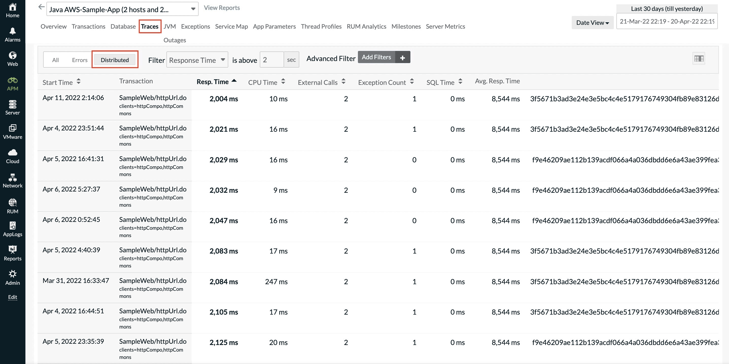 Distributed tracing list