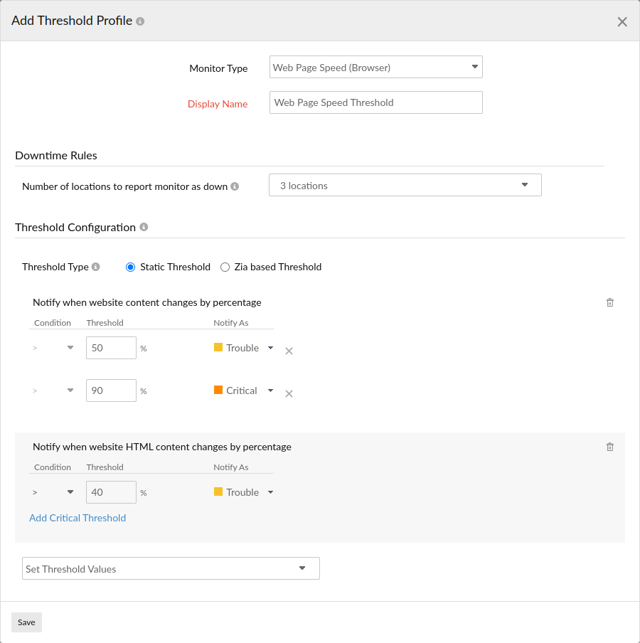 Learn how to configure threshold settings for a web page speed (browser) monitor